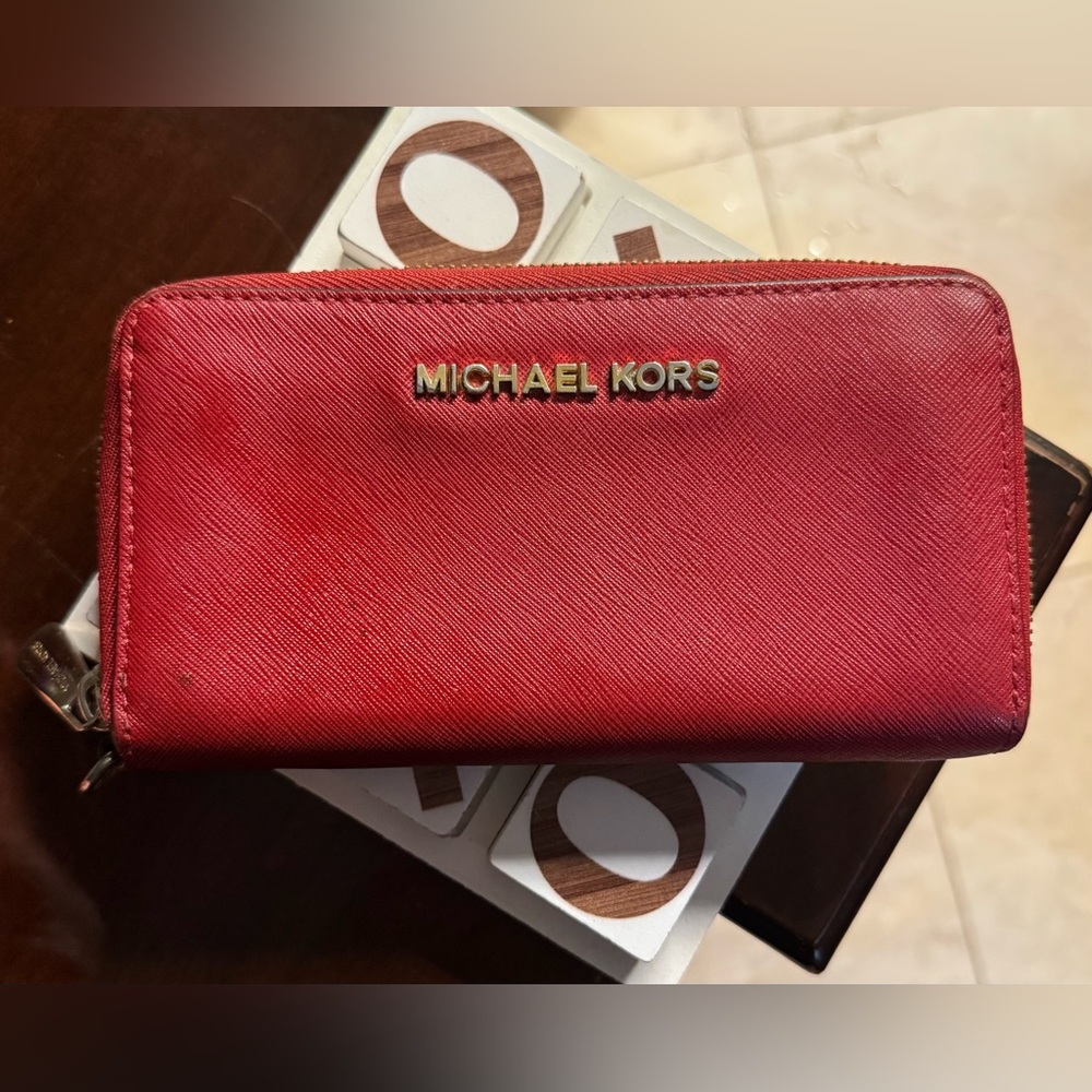 Michael Kors Red Saffiano Zip Wallet with Gold Logo
